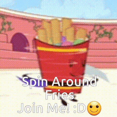 A Cartoon Of A French Fries Character With The Words Spin Around Fries Join Me : D GIF