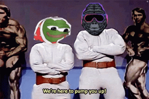 A Cartoon Of A Frog And A Gorilla Standing Next To Each Other With The Caption We 'Re Here To Pump You Up GIF