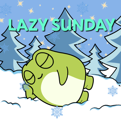 A Cartoon Of A Frog Laying In The Snow With The Words Lazy Sunday Below It GIF