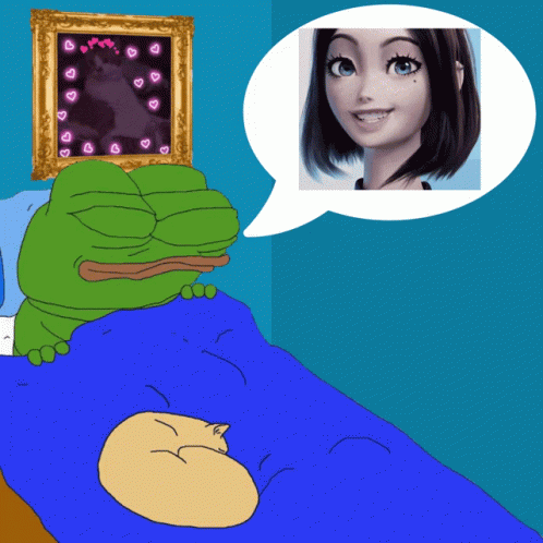 A Cartoon Of A Frog Laying On A Bed With A Picture Of A Girl In A Speech Bubble GIF