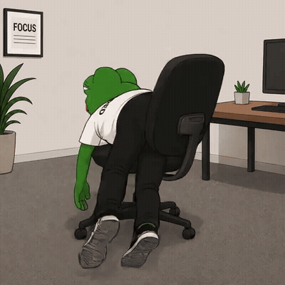 a cartoon of a frog laying on a chair with a focus poster on the wall behind him