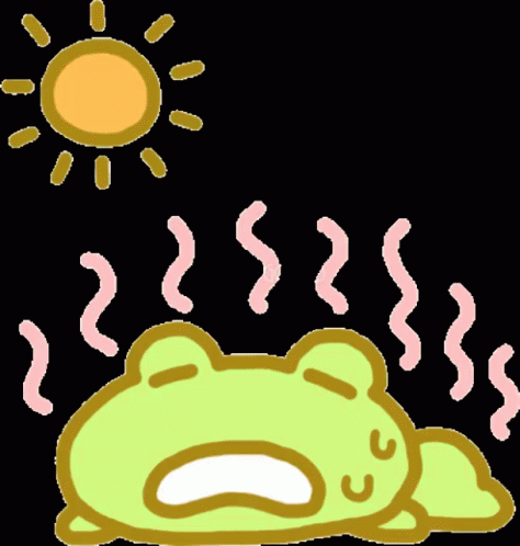 A Cartoon Of A Frog Laying Under The Sun With Steam Coming Out Of It 'S Mouth GIF