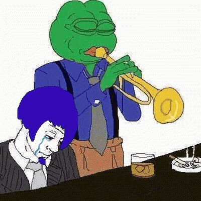 A Cartoon Of A Frog Playing A Trumpet Next To A Man Crying . GIF