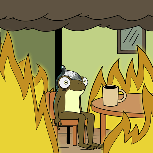 A Cartoon Of A Frog Sitting At A Table With A Cup Of Coffee On It GIF