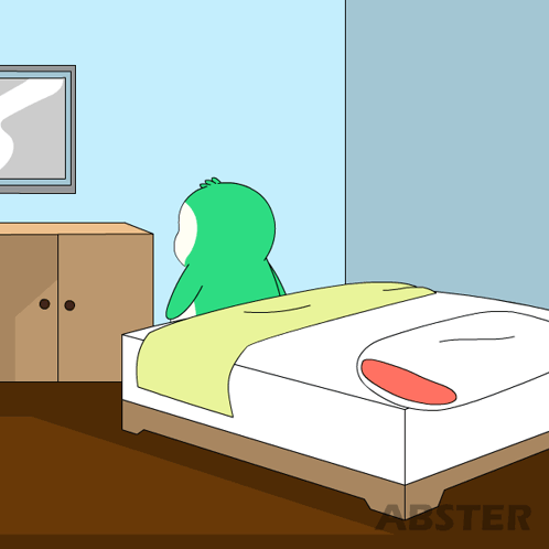 A Cartoon Of A Frog Sitting On A Bed With The Word Abster On The Bottom Right GIF
