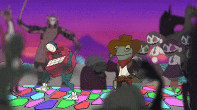 A Cartoon Of A Frog Wearing A Cowboy Hat And Carrying A Kfc Crate GIF
