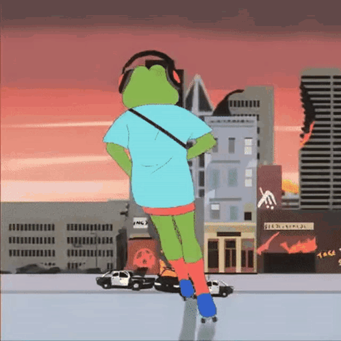 A Cartoon Of A Frog Wearing Headphones And Rollerblading GIF