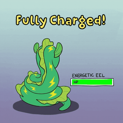A Cartoon Of A Fully Charged Eel With A Hp Bar GIF