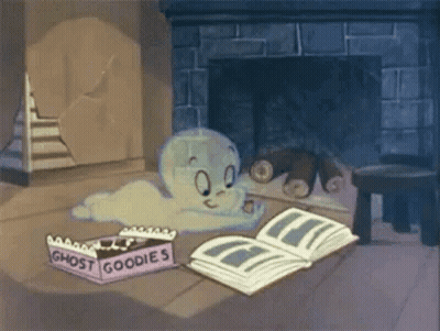 A Cartoon Of A Ghost Reading A Book Next To A Fireplace . GIF