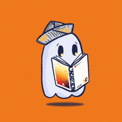 A Cartoon Of A Ghost Reading A Book That Says Vitra GIF
