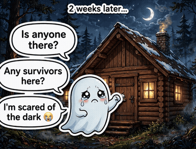 A Cartoon Of A Ghost Standing In Front Of A Log Cabin With Speech Bubbles That Say " Is Anyone There " GIF