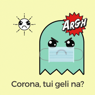 A Cartoon Of A Ghost Wearing A Face Mask With The Words Corona Tui Geli Na GIF