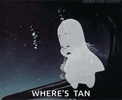 A Cartoon Of A Ghost With The Words `` Where 'S Tan '' Written On It . GIF