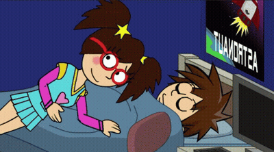A Cartoon Of A Girl And A Boy Laying On A Bed In Front Of A TV Screen That Says Tuahortea GIF