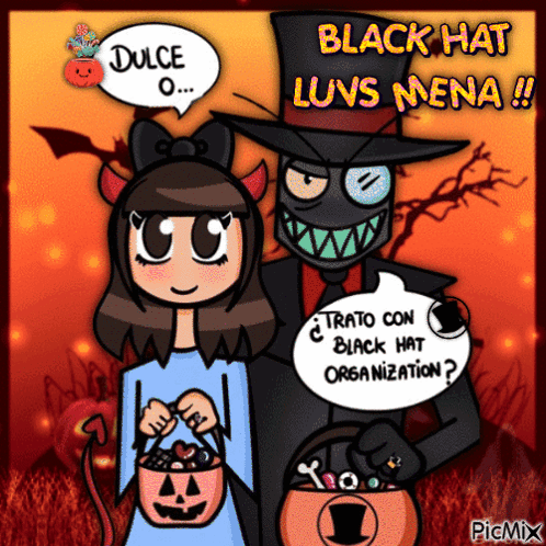 A Cartoon Of A Girl And A Man With The Words Black Hat Luvs Mena GIF