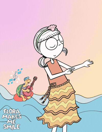 A Cartoon Of A Girl And A Turtle With The Words Flora Makes Me Smile On The Bottom GIF