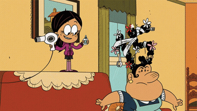 A Cartoon Of A Girl Blow Drying Her Hair While Another Girl Looks On GIF