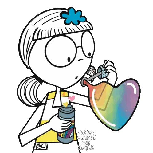 A Cartoon Of A Girl Blowing A Rainbow Heart Shaped Bubble With The Words Flora Makes Me Smile Below Her Sticker