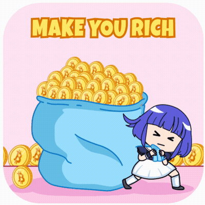 A Cartoon Of A Girl Carrying A Bag Full Of Gold Coins With The Words Make You Rich Below Her GIF