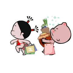 A Cartoon Of A Girl Carrying A Bag Of Groceries And A Boy Carrying A Bag Of Money Sticker