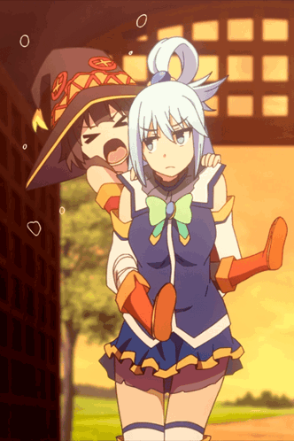 A Cartoon Of A Girl Carrying Another Girl On Her Shoulders GIF