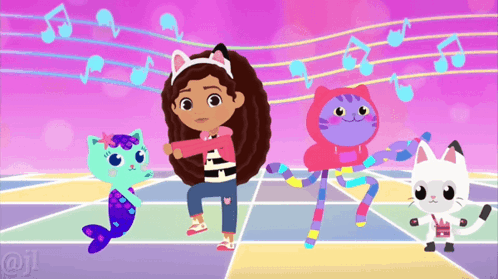 A Cartoon Of A Girl Dancing With Two Cats GIF