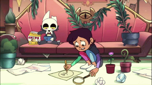 A Cartoon Of A Girl Drawing With A Magnifying Glass While King Sits On A Couch With A Can Of Chips GIF