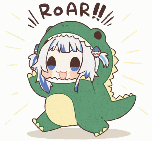 A Cartoon Of A Girl Dressed In A Dinosaur Costume With The Words Roar Written Above Her GIF