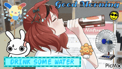 A Cartoon Of A Girl Drinking A Bottle Of Water With The Words Good Morning Drink Some Water GIF