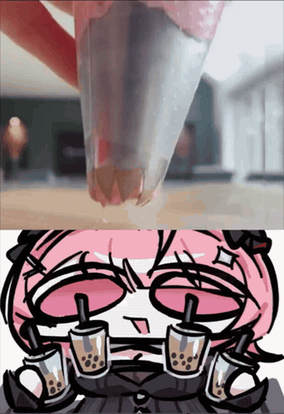 A Cartoon Of A Girl Drinking Bubble Tea Next To A Picture Of Bubble Tea GIF