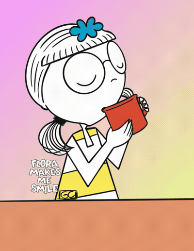 A Cartoon Of A Girl Drinking From A Red Cup With The Words Flora Makes Me Smile Below Her GIF