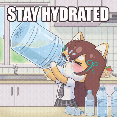 A Cartoon Of A Girl Drinking From A Water Bottle With The Words Stay Hydrated Below Her GIF