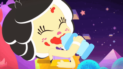 A Cartoon Of A Girl Drinking Water From A Blue Bottle GIF