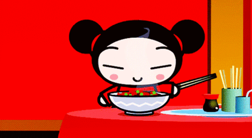 A Cartoon Of A Girl Eating A Bowl Of Food GIF