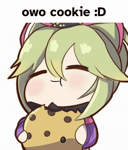 A Cartoon Of A Girl Eating A Cookie With The Words Owo Cookie : D Above Her GIF