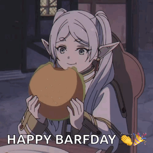 A Cartoon Of A Girl Eating A Hamburger With The Words Happy Barfday Below Her GIF