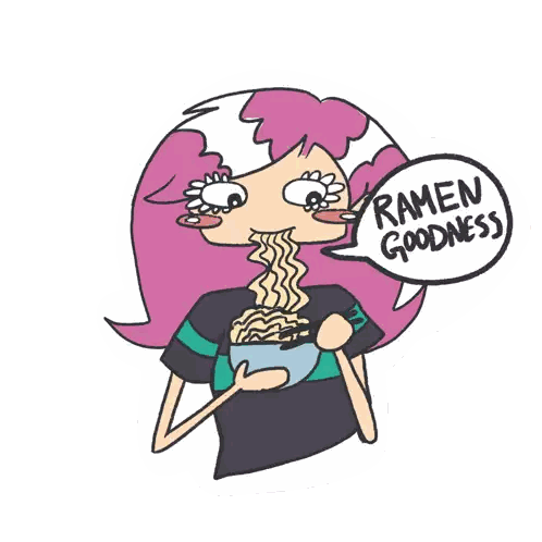A Cartoon Of A Girl Eating Ramen And Saying " Ramen Goodness " Sticker