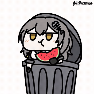 A Cartoon Of A Girl Eating Watermelon In A Trash Can . GIF