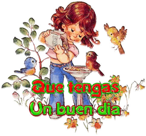 A Cartoon Of A Girl Feeding Birds With The Words Que Tengas Un Buen Dia Below Her Sticker
