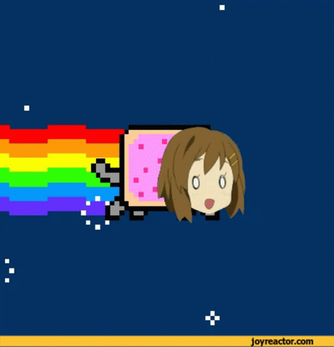 A Cartoon Of A Girl Flying Through The Air With A Rainbow Coming Out Of Her Mouth GIF