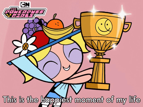 A Cartoon Of A Girl From The Powerpuff Girls Holding A Gold Trophy GIF