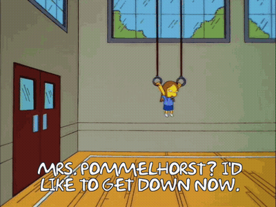 A Cartoon Of A Girl Hanging From Gymnastic Rings With The Caption Mrs. Pommelhorst I 'D Like To Get Down GIF
