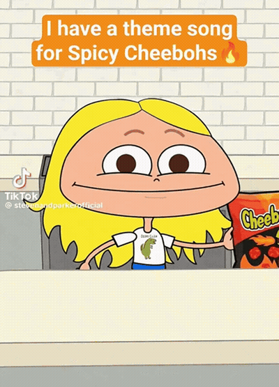 A Cartoon Of A Girl Holding A Bag Of Cheetos With The Caption I Have A Theme Song For Spicy Cheebohs GIF