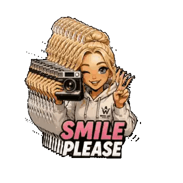 A Cartoon Of A Girl Holding A Camera And The Words Smile Please Sticker