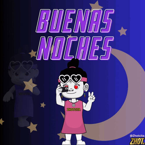 A Cartoon Of A Girl Holding A Camera With The Words Buenas Noches Behind Her GIF