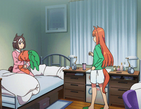 A Cartoon Of A Girl Holding A Carrot And A Girl Standing Next To A Bed GIF