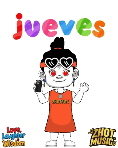 A Cartoon Of A Girl Holding A Cell Phone With The Word Jueves Above Her Sticker