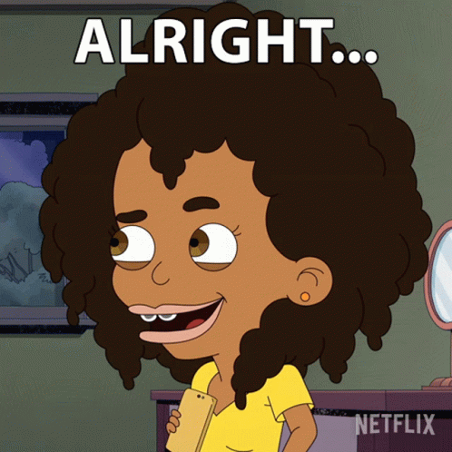 A Cartoon Of A Girl Holding A Cell Phone With The Words Alright Written Above Her GIF