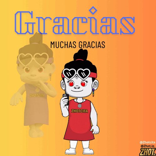 A Cartoon Of A Girl Holding A Cell Phone With The Words Gracias Muchas Gracias Thank You Below Her GIF