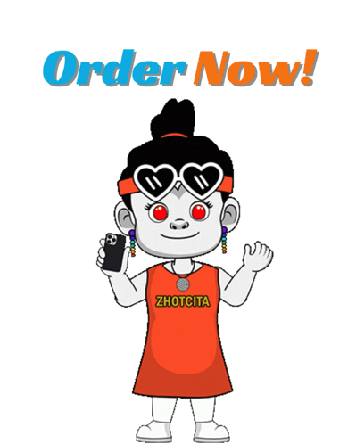 A Cartoon Of A Girl Holding A Cell Phone With The Words Order Now On The Bottom GIF
